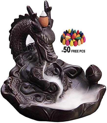 Dragon Backflow Incense Burner, Ceramic Incense Holder + 50 Free Cones