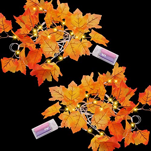 2 Pack Fall Garland, 9 Ft 20 LED Maple Leaves with Warm String Lights Fall Decor