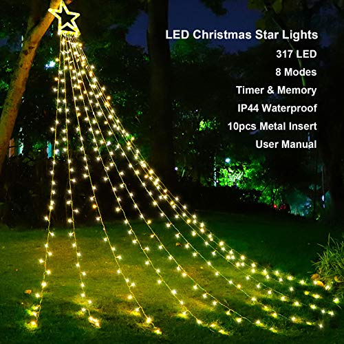 Christmas Star String Lights 317 LED  Waterproof String Lights with Star Topper, 8 Lighting Modes Waterfall Lights for Tree Decor