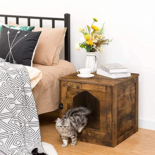 Hidden Cat Litter Box Enclosure w/ Door,Rustic Brown