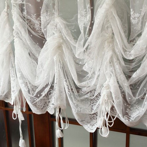 Lace Balloon Curtain White Adjustable Tie-Up Curtain Shade, Embroidered Semi Sheer 1 Panel