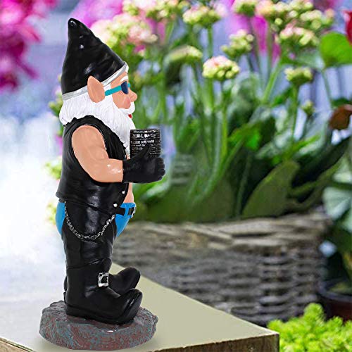 Biker Gnome with Motorcycle Leather Gear Tattoos Garden Gnome Statue