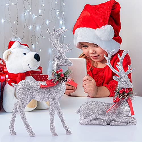 2 Pcs Standing and Lying Silver Christmas Reindeer Decor