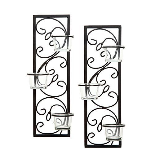 Set of Two 13.75 Inch High Black Iron Tealight Wall Sconce