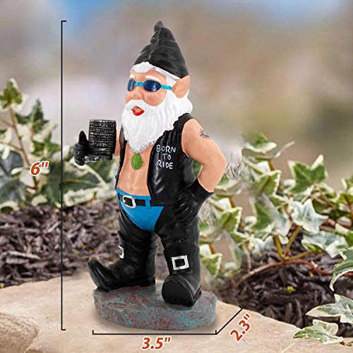 Biker Gnome with Motorcycle Leather Gear Tattoos Garden Gnome Statue