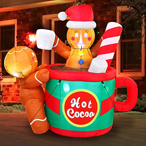 6 FT Tall Gingerbread Man in Hot Cocoa Mug Inflatable w/ Build-in LEDs