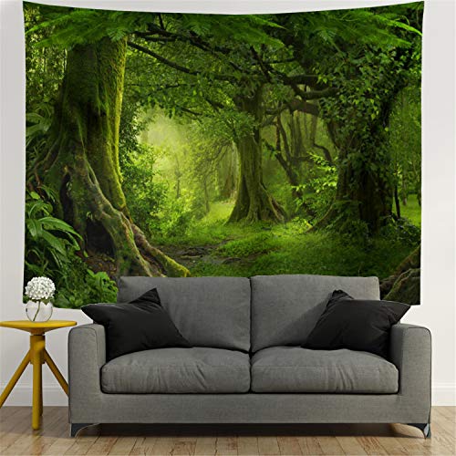 Virgin Forest Green Tree in Misty Forest Tapestry Wall Decoration