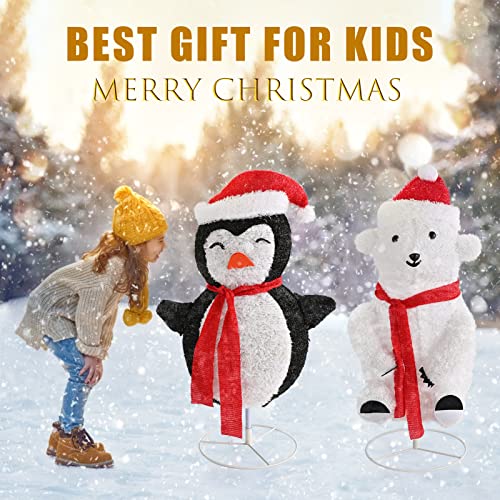 Set of 2- 31’’ Collapsible Fluffy Bear & Penguin w/ 100LT LED Lights, Christmas Holiday Decoration