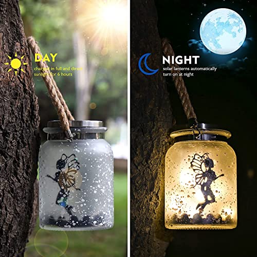 Solar Lantern Fairy Lights White Frosted Glass Hanging Jar 20 Warm White Mini LED String Lights (Fairy)