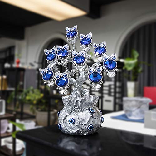 Turkish Evil Eye Tree with Silver Lucky Bag Owl Figurine