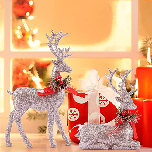 2 Pcs Standing and Lying Silver Christmas Reindeer Decor