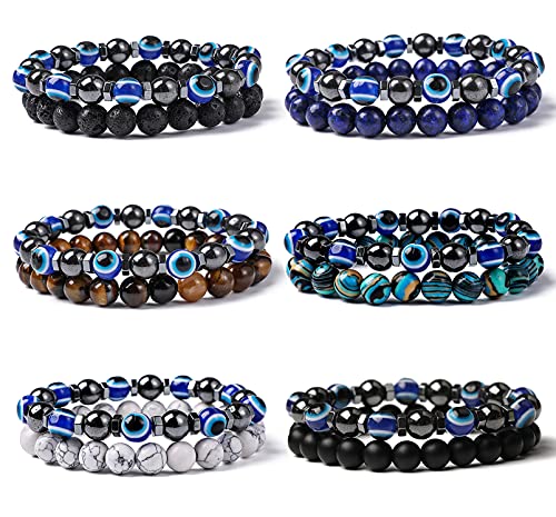 12Pcs Evil Eye Beaded Bracelet Set-8mm Natural Stone Blue Eye for Protection and Blessing