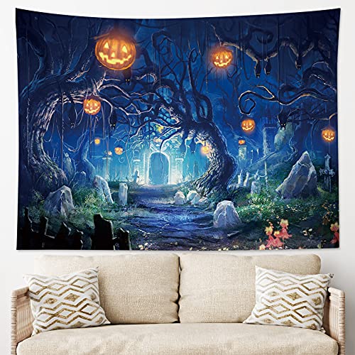 Halloween Night Haunted Woods with Grave and Pumpkins Wall Hanging Tapestry