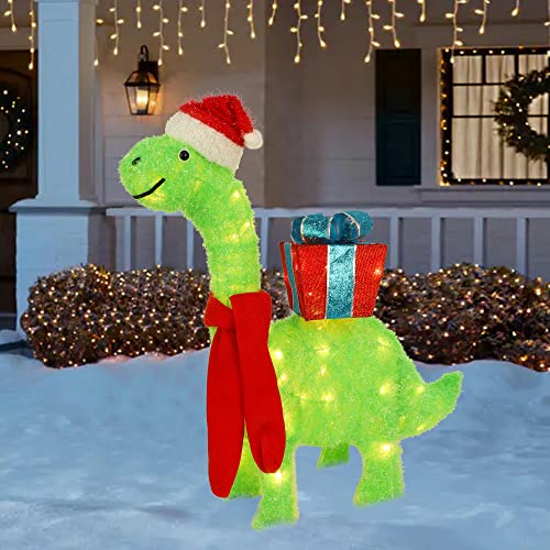 Lighted Christmas Green Dinosaur w/ Gift Box Decoration