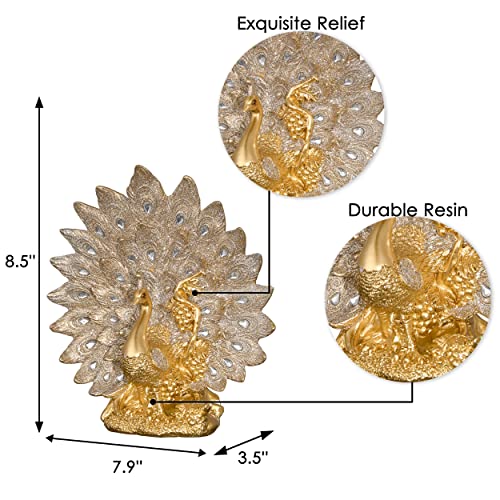 8.5" Gold Peacock Statues for Home Decor