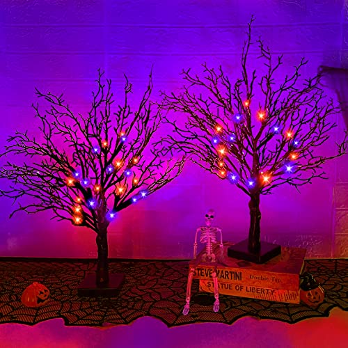 2 Pack 24" Orange Purple Halloween Lighted Tree Decorations w/ Timer