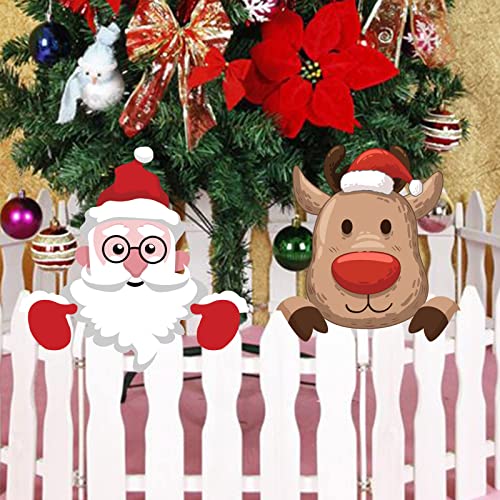 2 Pieces Christmas Fence Peeker Decoration - Santa Claus and Elk Peeking Garden Yard Decor