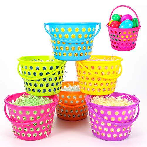 6 Pack Easter Eggs Baskets for Kids,9.4" Plastic Easter Bags Filled w/ Grass