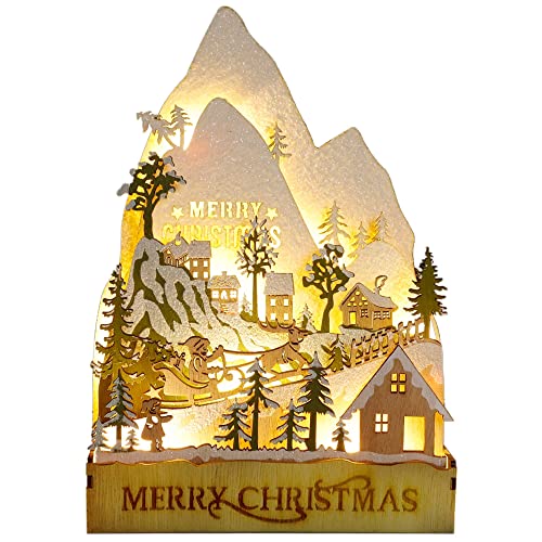 Christmas Lighted Table Decorations, 9.4" x 6.7" Merry Christmas Snowy Village