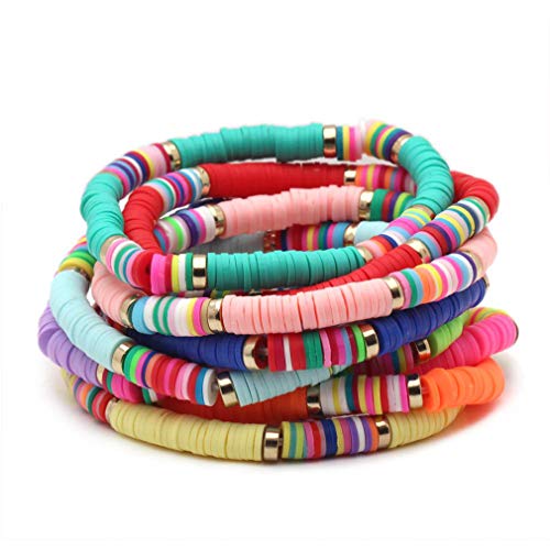 14 PCS Heishi Rainbow Vinyl Disc Beads String Stack Bracelet Surfer Stretch Cord Bracelets