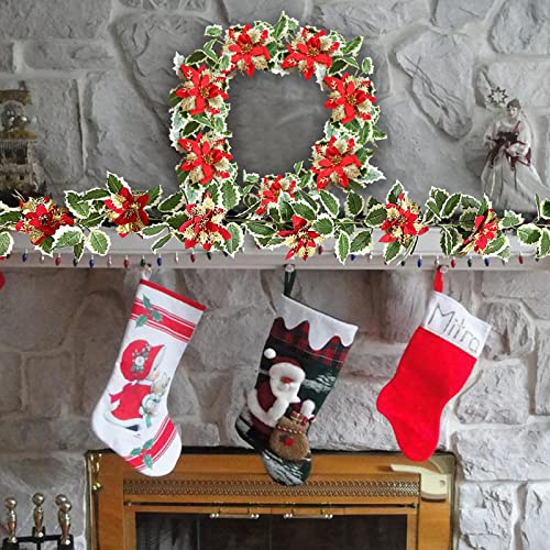 2 Pack Holly Leaves Garland Artificial Poinsettia Christmas Decoration