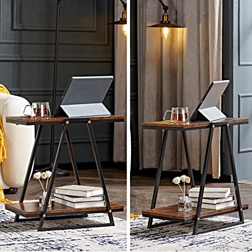 2-Tier Side Table w/ Waterproof Boards & Metal Frame, Rustic Brown