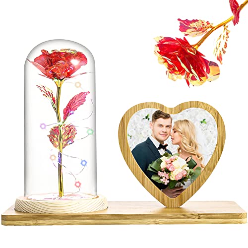 Rose Flower in Glass Dome & Photo Frame for Valentines/Anniversary Gift