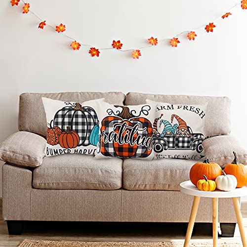 Set of 4 Fall Decorations Thanksgiving Plaid Gnomes Pumpkin Pillow Covers 18x18 Inches