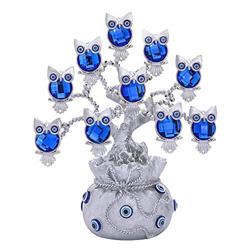 Turkish Evil Eye Tree with Silver Lucky Bag Owl Figurine