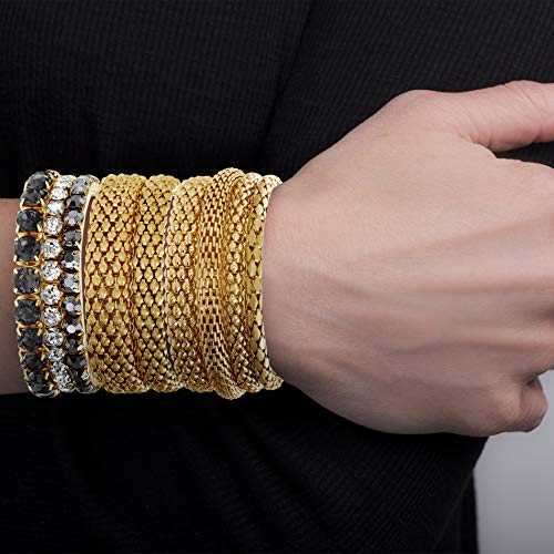 Yellow Gold Tone & Black Rhinestone Stretch Bangle Bracelet Set For Women, One Size