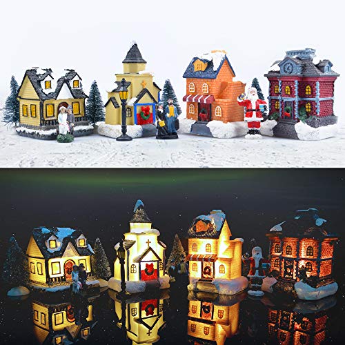 12Pcs Christmas Village Sets - LED Lighted Christmas Village Houses w/ Figurines,