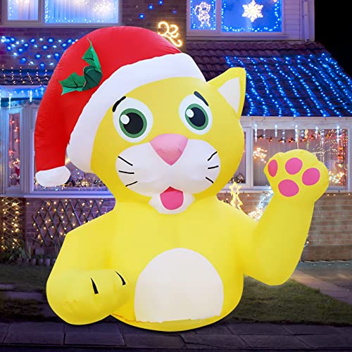 4.2 FT Christmas Inflatables Yellow Cat Wears Christmas Hat w/ LEDS