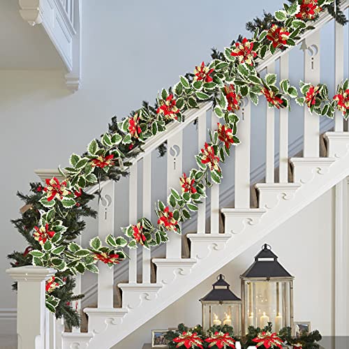 2 Pack Holly Leaves Garland Artificial Poinsettia Christmas Decoration