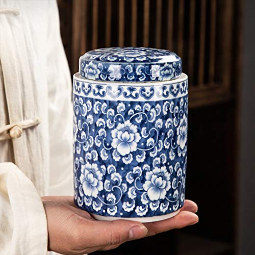 Antique Style Blue & White Porcelain Flowers Ceramic Covered Jar