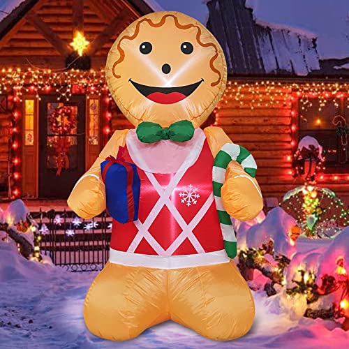 4 Foot Christmas Inflatables Gingerbread Man Christmas Decoration Outdoor Blow up Candy Cane Gift Box with LED Lights