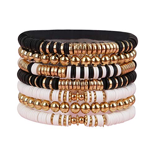 Handmade Colorful Surfer Vinyl Stretchable Elastic Heishi Beads Bracelet Set (Black and Gold)