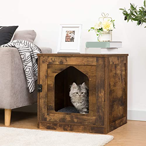 Hidden Cat Litter Box Enclosure w/ Door,Rustic Brown