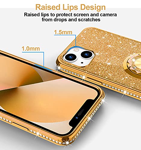 Phone Case for iPhone 13, Glitter Protective Case w/ 360 Degree Ring Stand