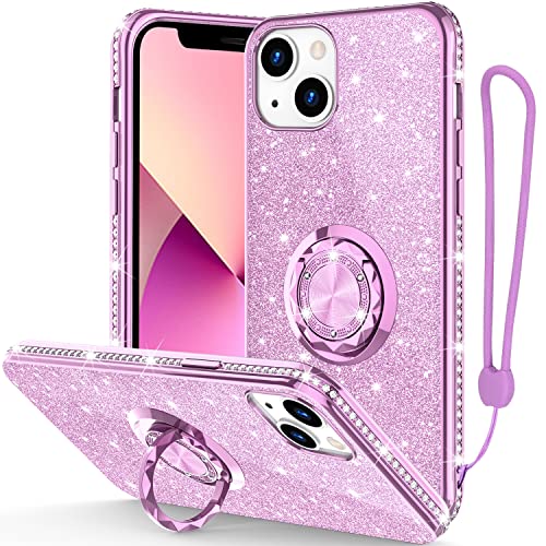 Phone Case for iPhone 13, Glitter Protective Case w/ 360 Degree Ring Stand