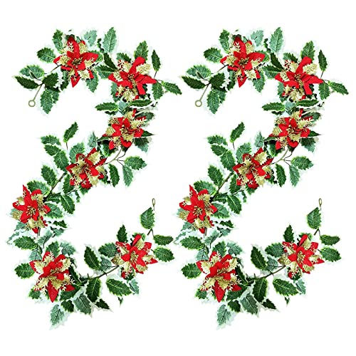 2 Pack Holly Leaves Garland Artificial Poinsettia Christmas Decoration