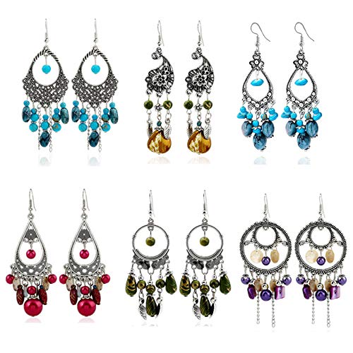 6 Pairs Vintage Bohemian Tassel Resin Hoop Stud Drop Dangle Acrylic Earrings Set