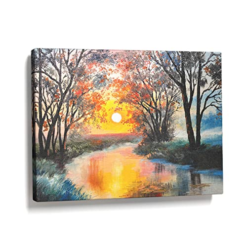 Blue Red Trees Sunrise in Forest Landscape Wood Framed Canvas Wall Decor 12x16"