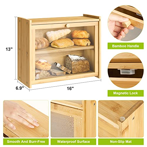 Large Bamboo Bread Box For Kitchen Counter -Double Layer