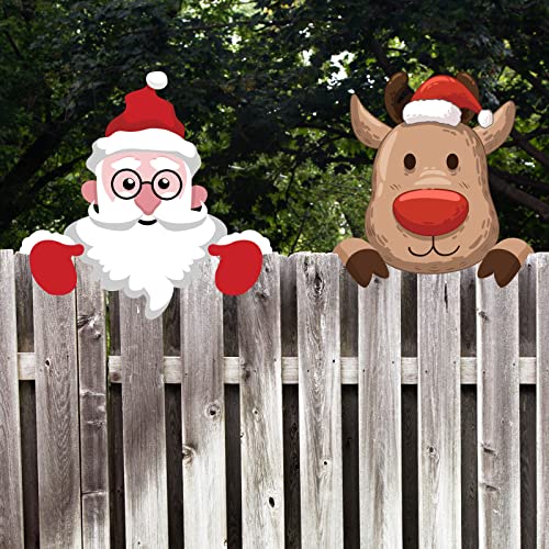 2 Pieces Christmas Fence Peeker Decoration - Santa Claus and Elk Peeking Garden Yard Decor