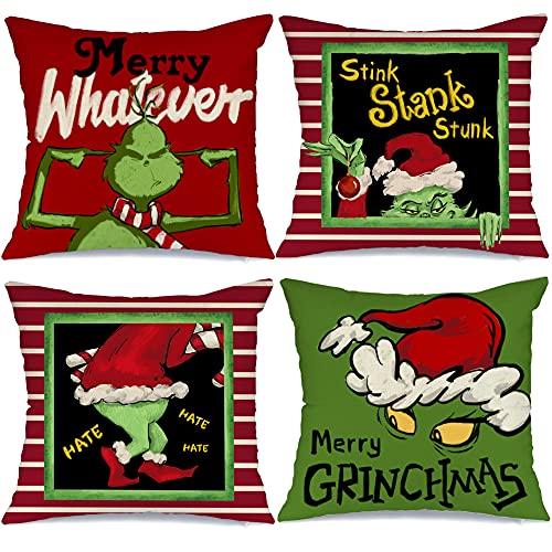 Set of 4 The Grinch Stripe Christmas Pillows Winter Holiday Throw Pillow Cover 18 x 18-Inch
