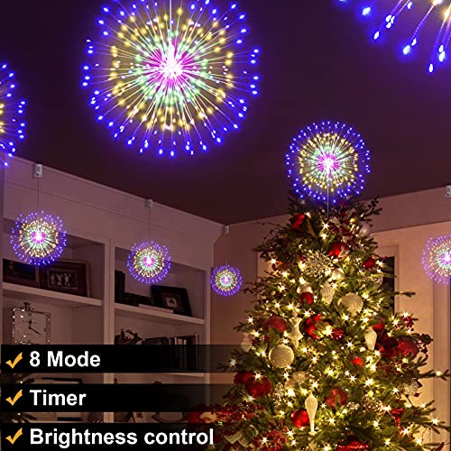 2 Pcs Colorful Starburst 200 LED Firework Lights Copper Wire Sphere Lights with Remote, 8 Modes Battery Operated