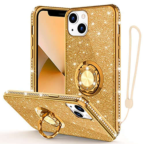 Phone Case for iPhone 13, Glitter Protective Case w/ 360 Degree Ring Stand