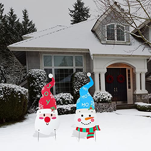 2 Christmas Metal Yard Stakes - Snowman & Santa Claus Garden Sign, 27 x 11 Inch