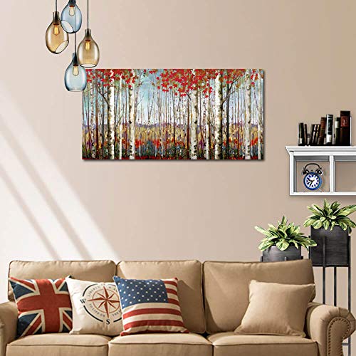 Canvas Wall Art Modern Decoration- Red Leaves White Birch Tree Forest 24x48 Inch