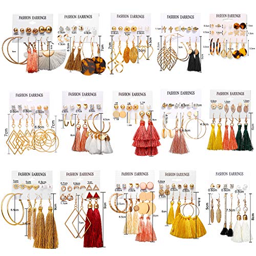 93 Pairs Colorful Earrings w/ Tassel Layered Ball Dangle Hoop